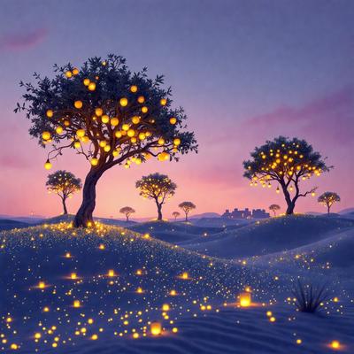 The primary subject of the image is a tree with a bunch of lights on it, creating a magical and enchanting atmosphere. The tree is located in a snowy field, surrounded by other trees. The visual style of the image is a digital art or illustration, with the lights and the snowy field creating a unique and captivating scene. The colors and mood of the image are predominantly white, with the lights adding a touch of warmth and brightness to the otherwise cold and snowy environment.